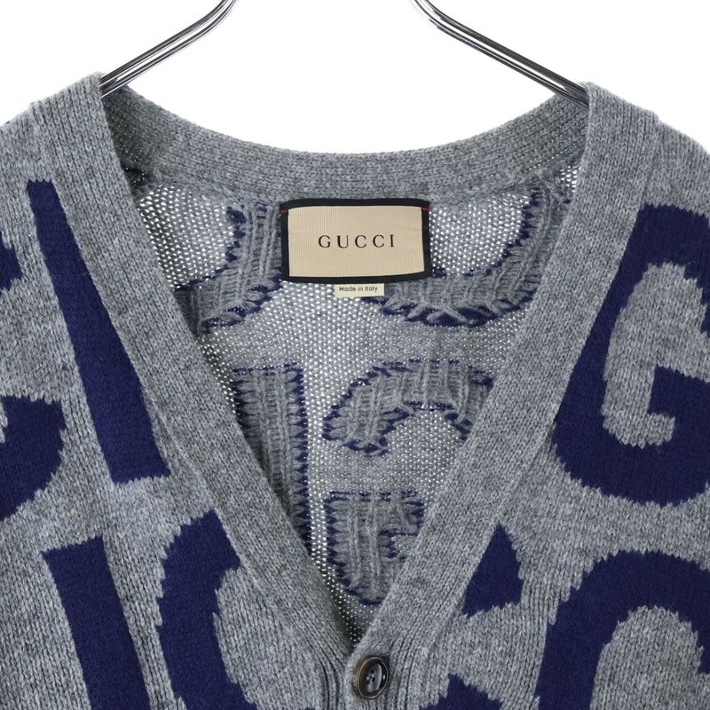 Gucci Jumbo Logo Intarsia Cardigan Long-sleeved Cardigan In Wool Grey/navy