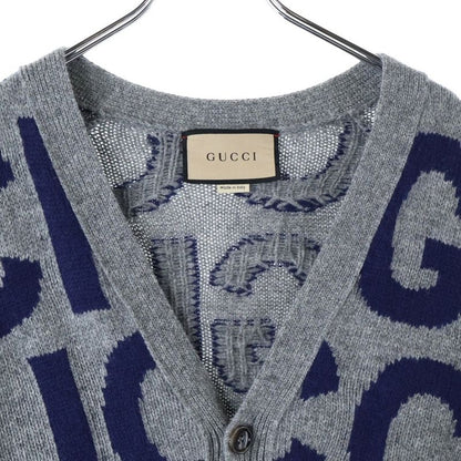 Gucci Jumbo Logo Intarsia Cardigan Long-sleeved Cardigan In Wool Grey/navy