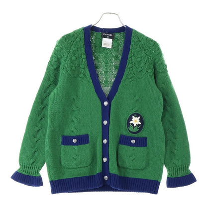 Chanel Cable Knit Cardigan With Flower Patch Women's Green P52021k06682