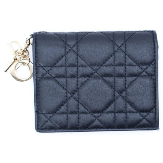 Christian Dior Cannage Compact Wallet Coin Case Black Lambskin Gold Hardware