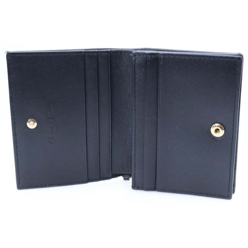 Christian Dior Cannage Compact Wallet Coin Case Black Lambskin Gold Hardware