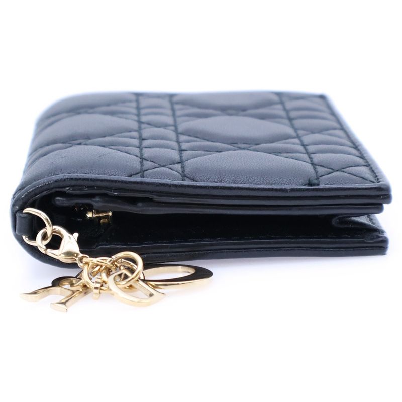 Christian Dior Cannage Compact Wallet Coin Case Black Lambskin Gold Hardware