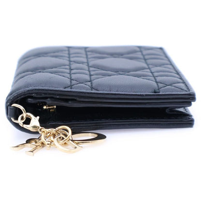 Christian Dior Cannage Compact Wallet Coin Case Black Lambskin Gold Hardware