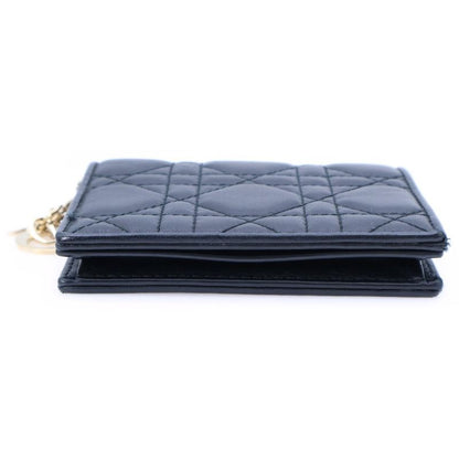Christian Dior Cannage Compact Wallet Coin Case Black Lambskin Gold Hardware