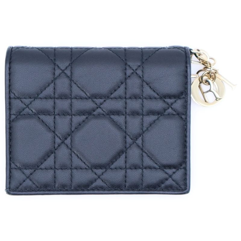 Christian Dior Cannage Compact Wallet Coin Case Black Lambskin Gold Hardware