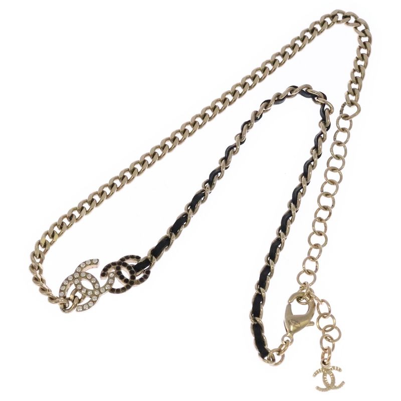 Chanel Coco Mark Rhinestone Necklace Pendant Chain Gold X Black Ab927