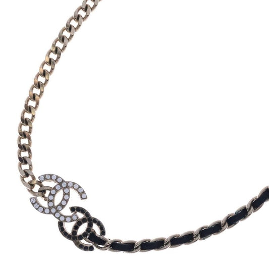 Chanel Coco Mark Rhinestone Necklace Pendant Chain Gold X Black Ab927