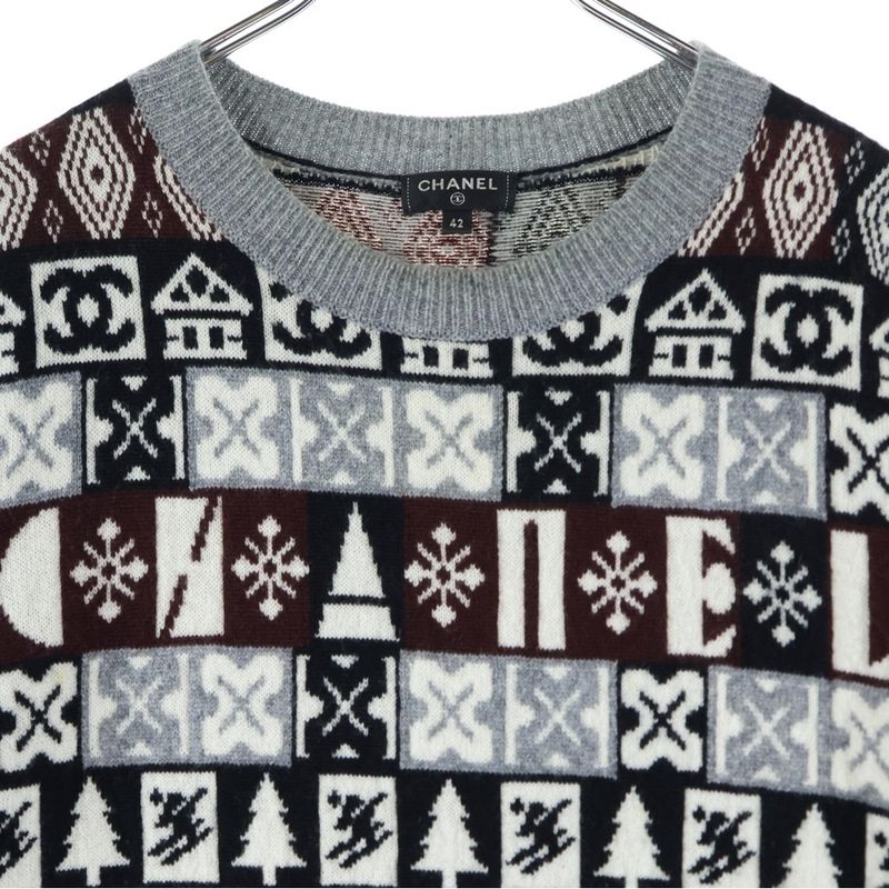 Chanel Coco Mark Cashmere Nordic Pattern Crewneck Pullover Long Sleeve Knit