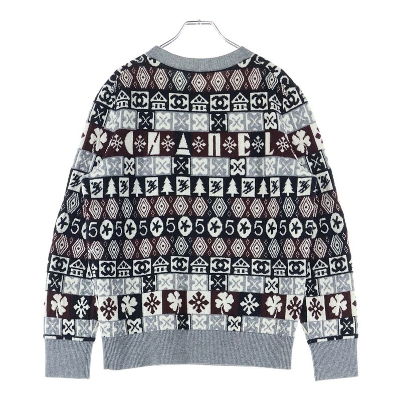 Chanel Coco Mark Cashmere Nordic Pattern Crewneck Pullover Long Sleeve Knit