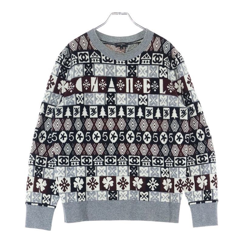 Chanel Coco Mark Cashmere Nordic Pattern Crewneck Pullover Long Sleeve Knit