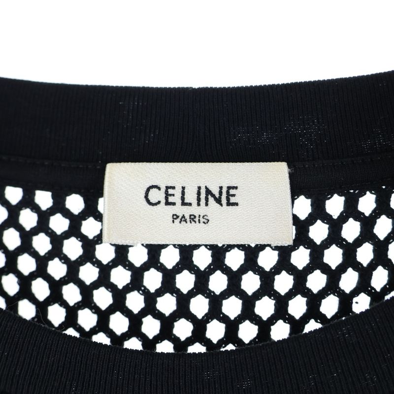 Celine 22SS Logo Print Mesh Crew Neck Short Sleeved T-shirt Cut And Sewn Black