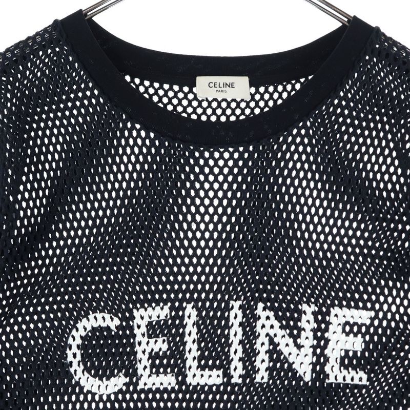 Celine 22SS Logo Print Mesh Crew Neck Short Sleeved T-shirt Cut And Sewn Black