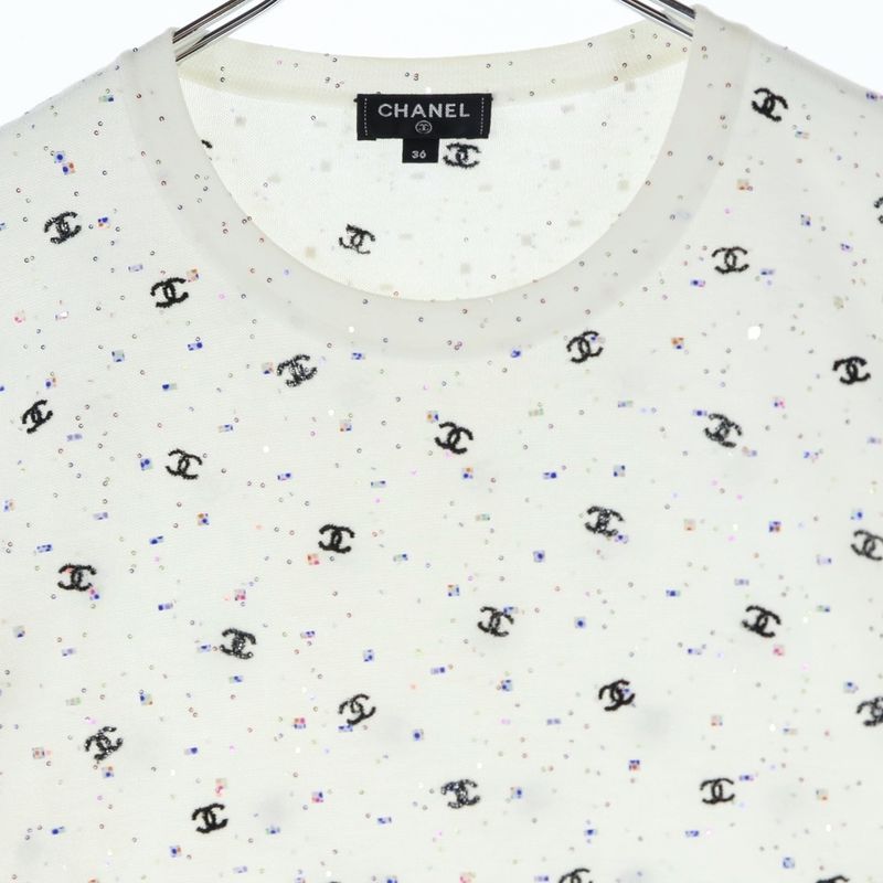 Chanel Coco Mark Embroidery Lame Sequins Total Pattern Cotton Knit Crew Neck