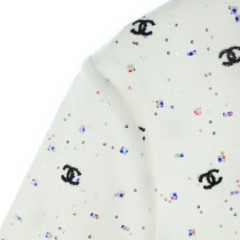 Chanel Coco Mark Embroidery Lame Sequins Total Pattern Cotton Knit Crew Neck