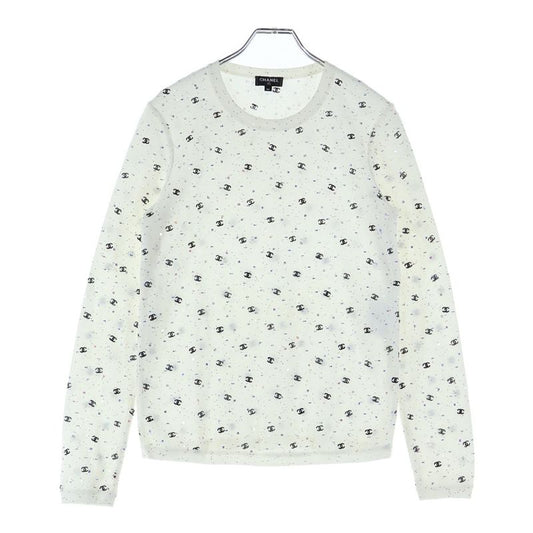 Chanel Coco Mark Embroidery Lame Sequins Total Pattern Cotton Knit Crew Neck