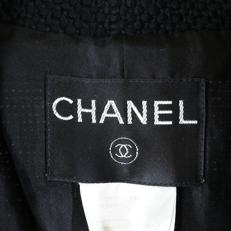 Chanel Logo Button Angora Mix Wool Tweed Double Breasted Long Coat Black