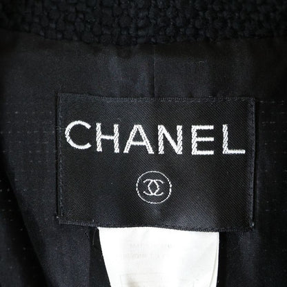 Chanel Logo Button Angora Mix Wool Tweed Double Breasted Long Coat Black