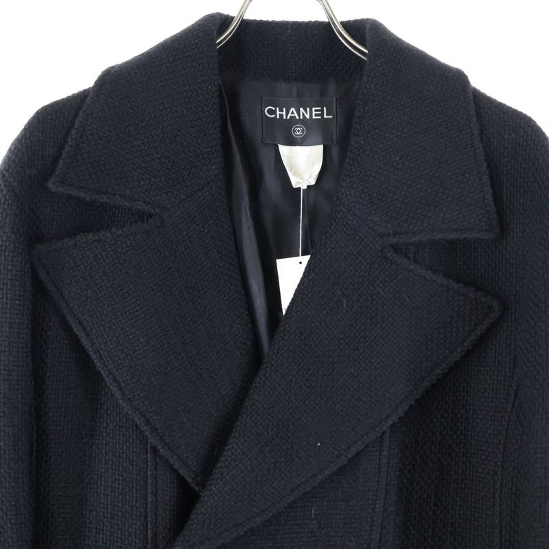 Chanel Logo Button Angora Mix Wool Tweed Double Breasted Long Coat Black
