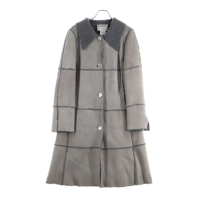 Chanel 00AW Lambskin Sheer Ring Mouton Leather Shell Button Boa Lining Long