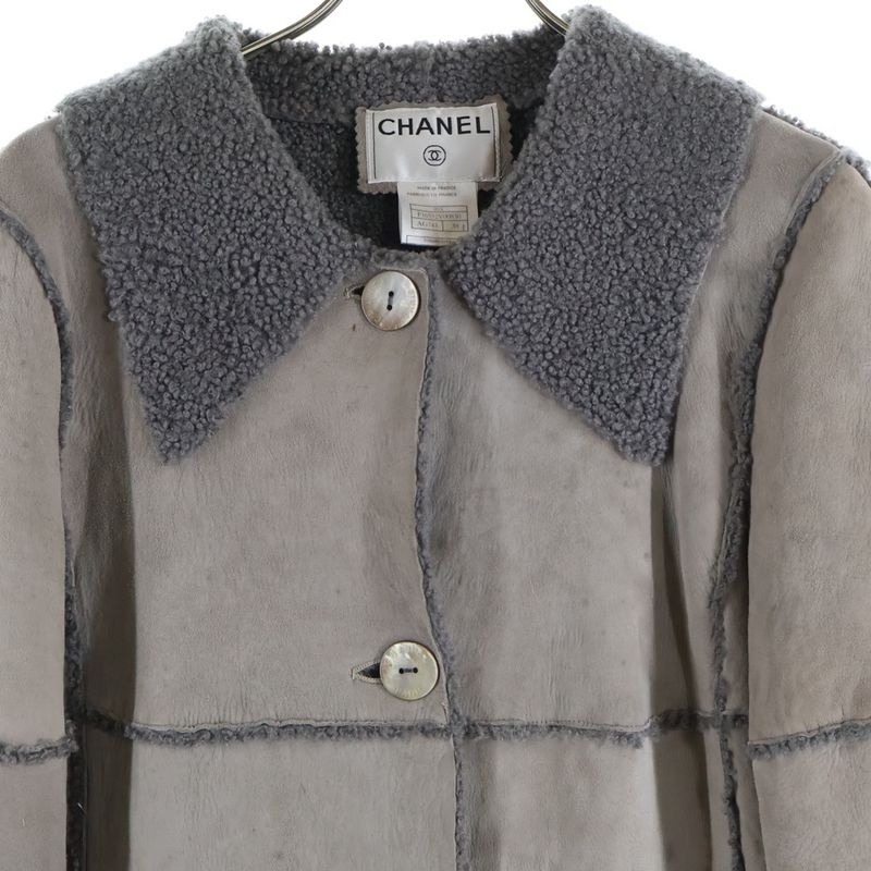 Chanel 00AW Lambskin Sheer Ring Mouton Leather Shell Button Boa Lining Long