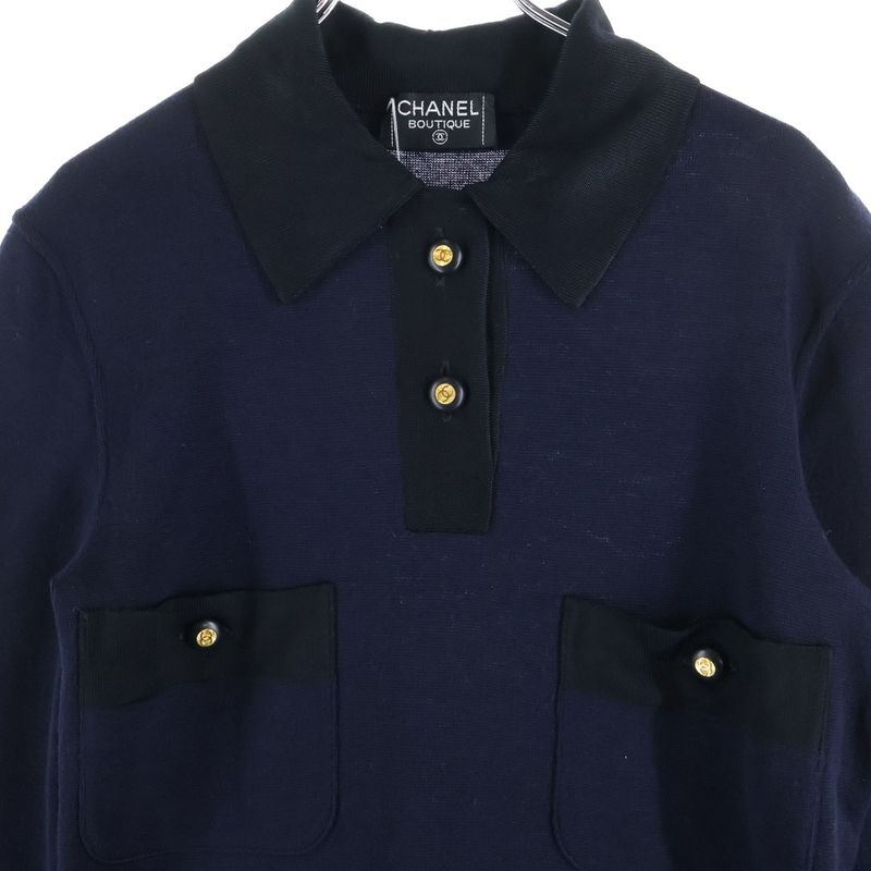 Chanel Coco Mark Button Silk Blend Multi Pockets Knit Dress Navy Women