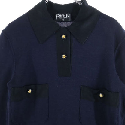 Chanel Coco Mark Button Silk Blend Multi Pockets Knit Dress Navy Women