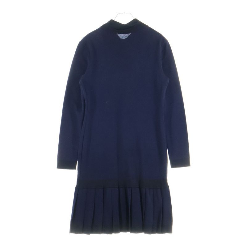 Chanel Coco Mark Button Silk Blend Multi Pockets Knit Dress Navy Women