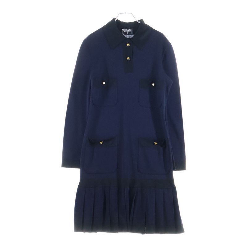 Chanel Coco Mark Button Silk Blend Multi Pockets Knit Dress Navy Women