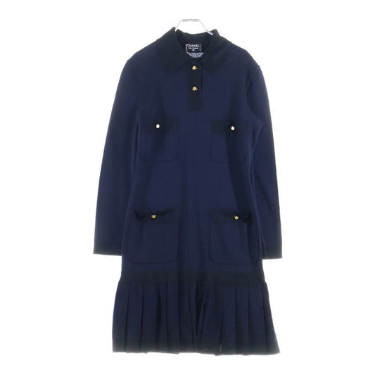 Chanel Coco Mark Button Silk Blend Multi Pockets Knit Dress Navy Women