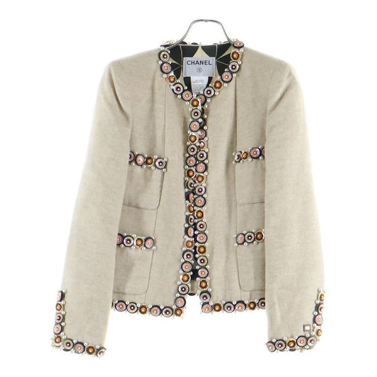 Chanel 01AW Coco Mark Wood Plate Pearl Sequins Embroidery Decoration Silk