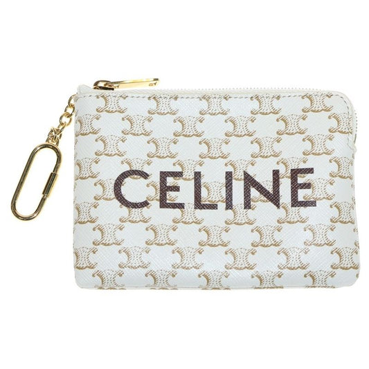 Celine Triomphe Logo Coin Case Key Ring Card Case Leather X PVC White X Gold
