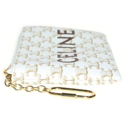 Celine Triomphe Logo Coin Case Key Ring Card Case Leather X PVC White X Gold