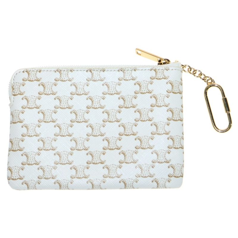 Celine Triomphe Logo Coin Case Key Ring Card Case Leather X PVC White X Gold