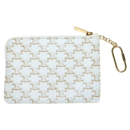 Celine Triomphe Logo Coin Case Key Ring Card Case Leather X PVC White X Gold