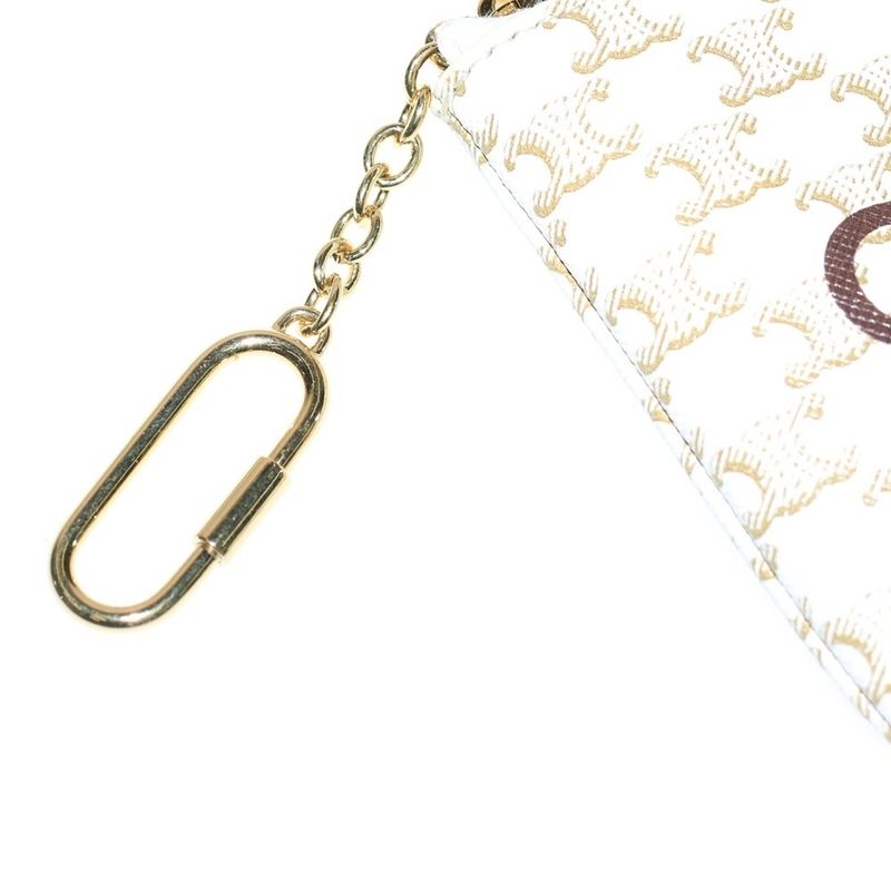 Celine Triomphe Logo Coin Case Key Ring Card Case Leather X PVC White X Gold