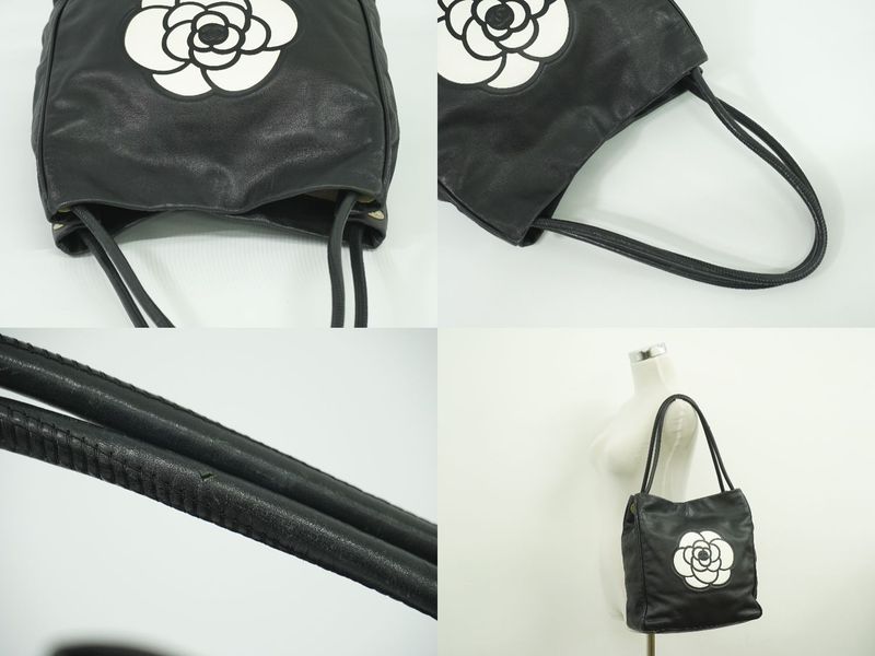 Authentic Chanel Camellia Shoulder Bag Tote Leather Black Camellia Bag Pre-owned