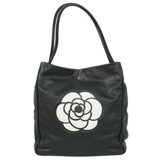 Authentic Chanel Camellia Shoulder Bag Tote Leather Black Camellia Bag Pre-owned