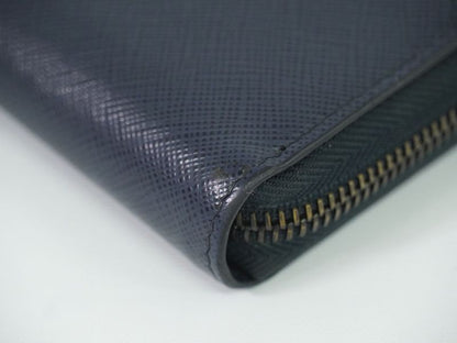 Authentic Prada Saffiano Leather Round Zipper Long Wallet Long Wallet Navy
