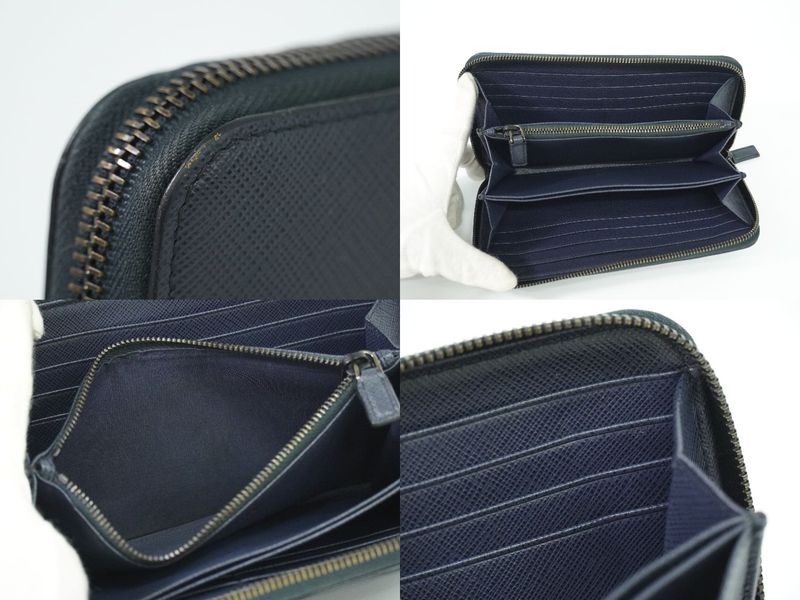 Authentic Prada Saffiano Leather Round Zipper Long Wallet Long Wallet Navy