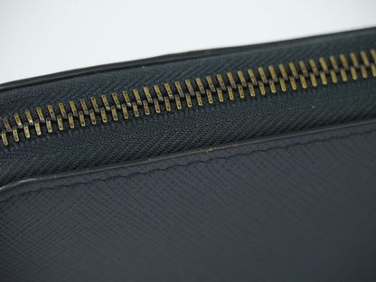Authentic Prada Saffiano Leather Round Zipper Long Wallet Long Wallet Navy