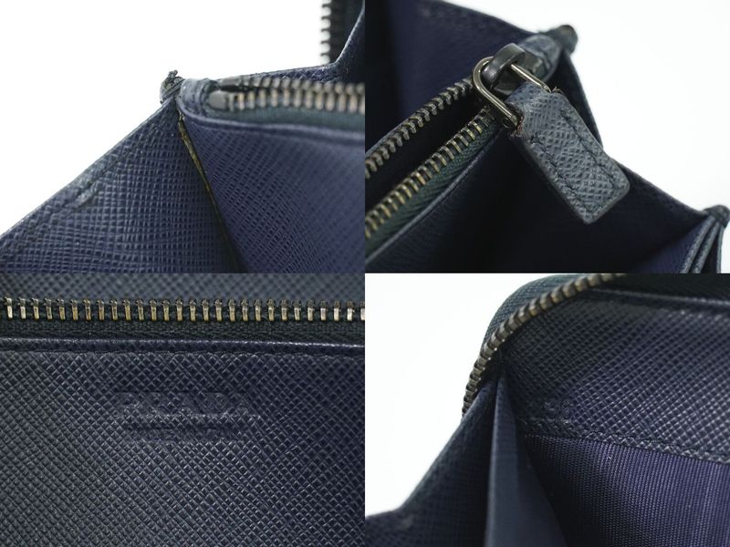 Authentic Prada Saffiano Leather Round Zipper Long Wallet Long Wallet Navy