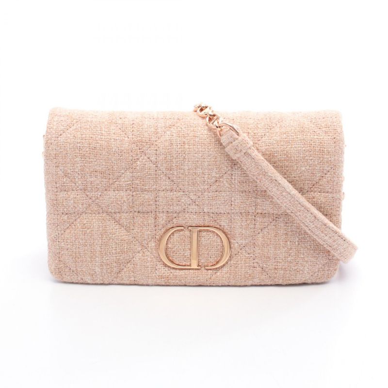 Dior Shoulder Bag CARO M9241 Pink Beige Fabric Caro Chain Wallet Women Used A
