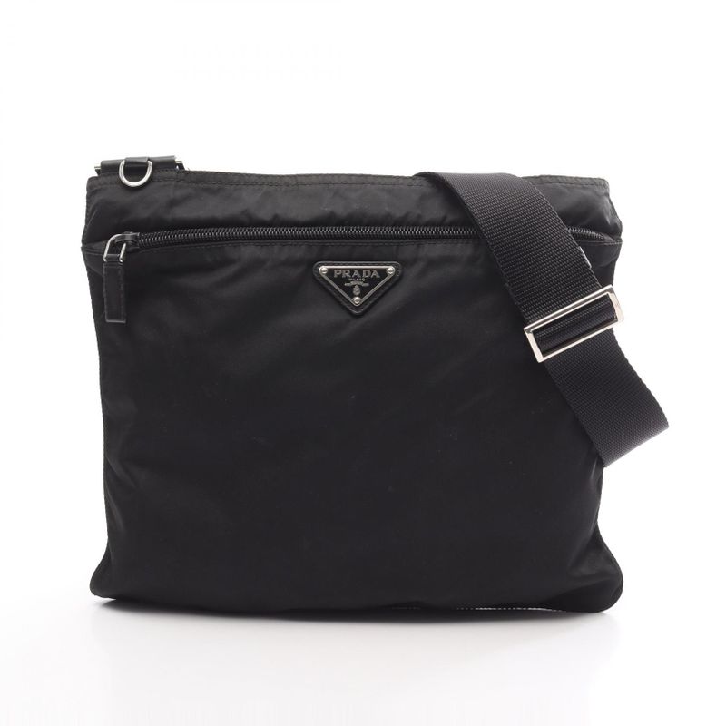 Prada Shoulder Bag Black Nylon Leather Triangle Logo Shoulder Bag Women Used B