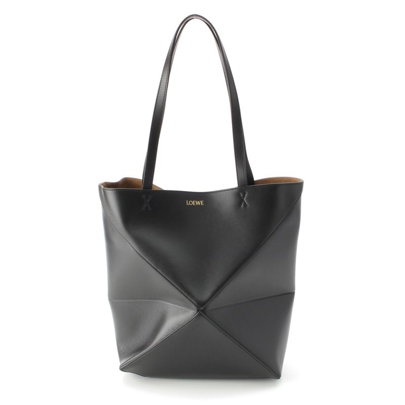Loewe Puzzle Fold Medium Shiny Calf Foldable Tote Bag Black