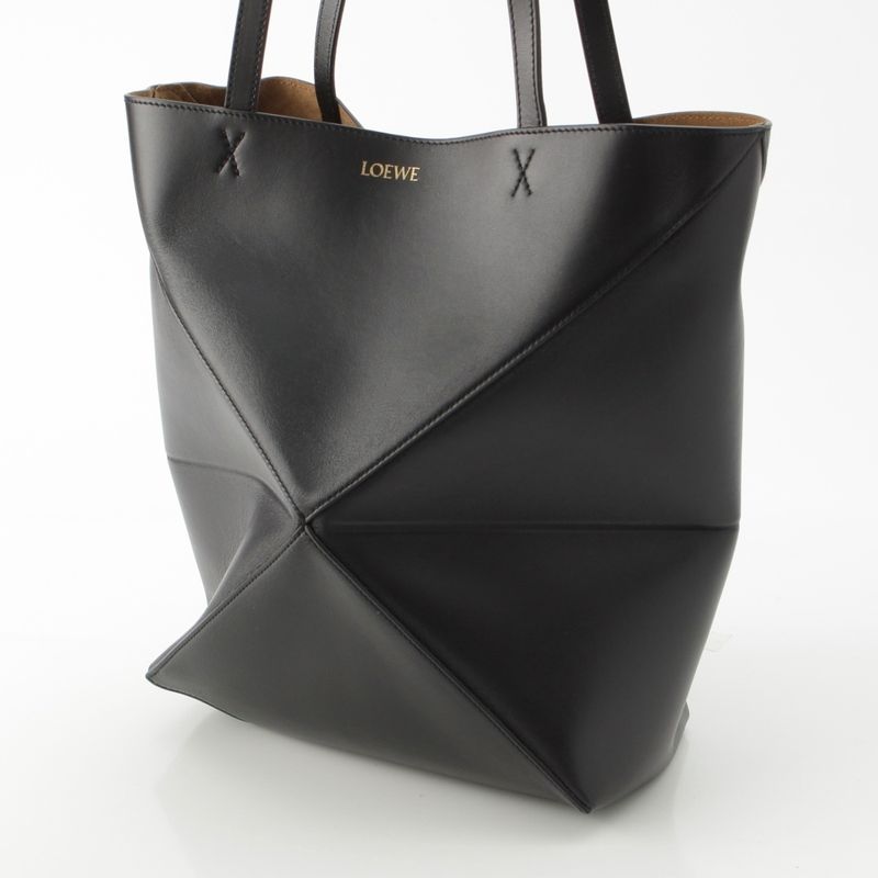 Loewe Puzzle Fold Medium Shiny Calf Foldable Tote Bag Black