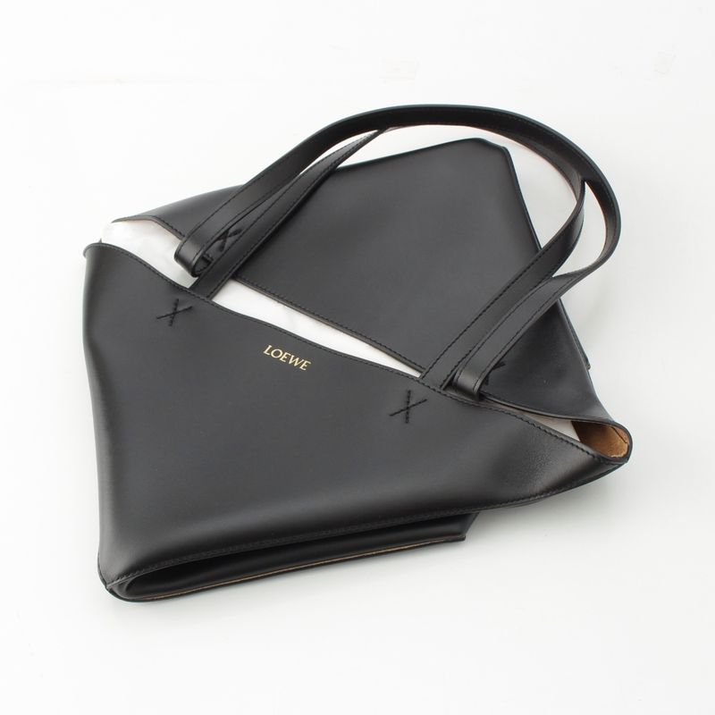 Loewe Puzzle Fold Medium Shiny Calf Foldable Tote Bag Black