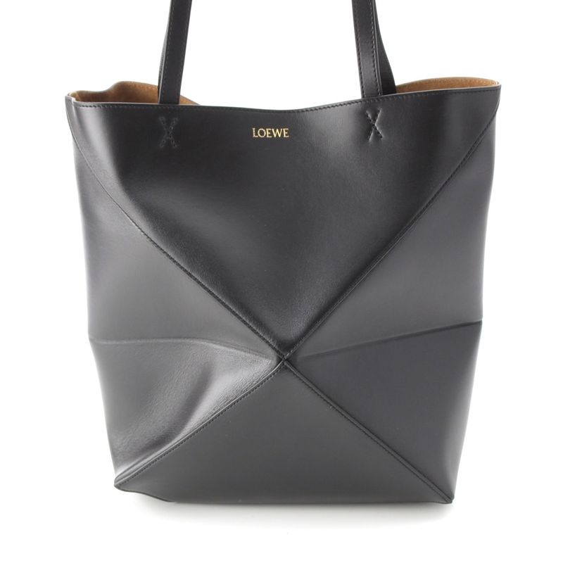 Loewe Puzzle Fold Medium Shiny Calf Foldable Tote Bag Black