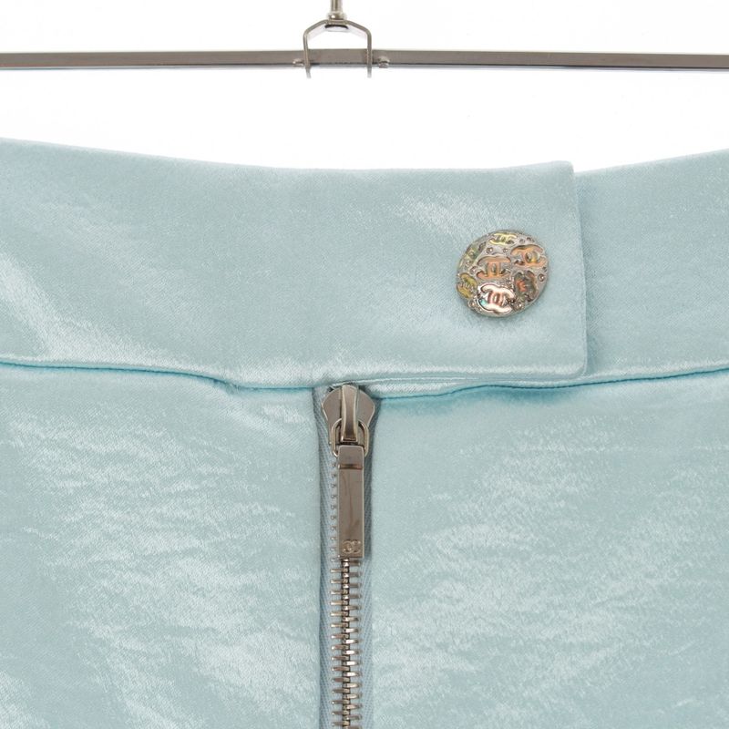 Chanel 2024 Coco Mark Rhinestone Satin Pants Bottoms P76369 Light Blue 34