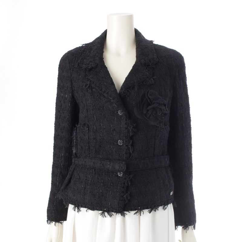 Chanel 05C Cotton Wool Melia Tweed Tailored Jacket With Belt P24873 Black 36