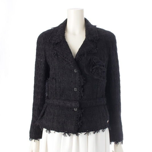 Chanel 05C Cotton Wool Melia Tweed Tailored Jacket With Belt P24873 Black 36